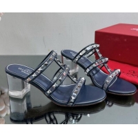 Stylish Valentino Rockstud Heel Slide Sandals 6.5cm in Leather and Clear PVC Dark Blue 725032