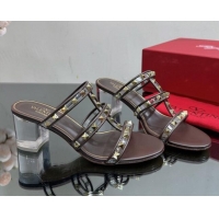 Hot Style Valentino Rockstud Heel Slide Sandals 6.5cm in Leather and Clear PVC Brown 725033