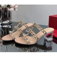 Stylish Valentino Rockstud Heel Slide Sandals 6.5cm in Leather and Clear PVC Nude 725036