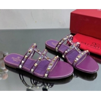 Good Quality Valentino Rockstud Flat Slide Sandals in Leather and Clear PVC Dark Purple 725038