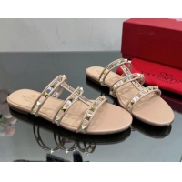 Top Design Valentino Rockstud Flat Slide Sandals in Leather and Clear PVC Nude 725039