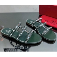 Best Product Valentino Rockstud Flat Slide Sandals in Leather and Clear PVC Dark Green 725041