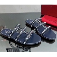 Luxury Discount Valentino Rockstud Flat Slide Sandals in Leather and Clear PVC Dark Blue 725042