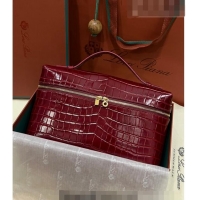 Top Quality Loro Piana Extra Pocket Pouch L27 in Crocodile Pattern Leather LP5443 Burgundy/Gold 2023