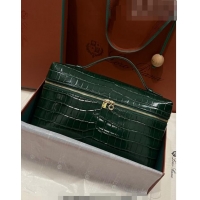 Famous Brand Loro Piana Extra Pocket Pouch L27 in Crocodile Pattern Leather LP5443 Dark Green/Gold 2023