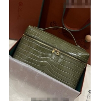 Discount Loro Piana Extra Pocket Pouch L27 in Crocodile Pattern Leather LP5443 Green 2/Gold 2023