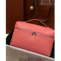 Good Quality Loro Piana Extra Pocket Pouch L27 in Ostrich Pattern Leather LP5446 Pink 2 2023