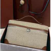 Pretty Style Loro Piana Extra Pocket Pouch L27 in Cotton-and-linen Fabric with Leather LP5449 Beige/Brown 2023