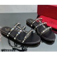 Best Product Valentino Rockstud Flat Slide Sandals in Leather and Clear PVC Black 0725044