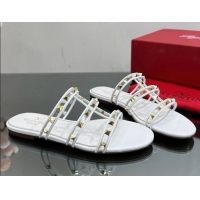 Grade Quality Valentino Rockstud Flat Slide Sandals in Leather and Clear PVC White 0725045