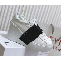 Low Price Valentino Open Disco Wegde Sneakers in Calfskin with Black Studs Band White 0725046