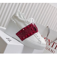 Best Grade Valentino Open Disco Wegde Sneakers in Calfskin with Crystal Studs Band White/Pink 0725047