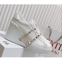 Good Looking Valentino Open Disco Wegde Sneakers in Calfskin with Studs Canvas Band White 0725048