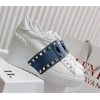 Good Quality Valentino Open Disco Wegde Sneakers in Calfskin with Stud Denim Band White/Blue 725049