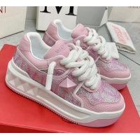 Luxurious Valentino ONE STUD XL Sneakers with Toile Iconographe Crystals Light Pink 804114 