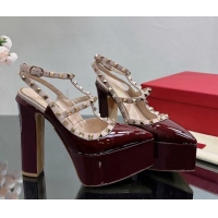 Unique Discount Valentino Rockstud Pointed Platform Pump 15.5cm in Patent Leather Burgundy 809013