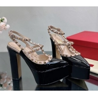 est Grade Valentino Rockstud Pointed Platform Pump 15.5cm in Patent Leather Black/Pink 809014