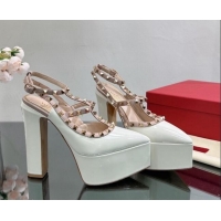 Pretty Style Valentino Rockstud Pointed Platform Pump 15.5cm in Patent Leather White 809015