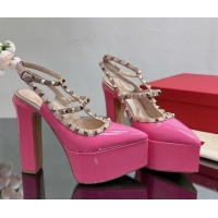 Classic Hot Valentino Rockstud Pointed Platform Pump 15.5cm in Patent Leather Dark Pink 809016