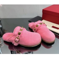 Top Grade Valentino Roman Stud Wool and Suede Flat Mules with Buckle Pink 809017