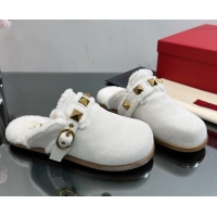 Most Popular Valentino Roman Stud Wool and Suede Flat Mules with Buckle White 809021