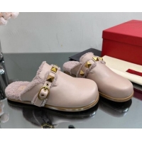 Good Quality Valentino Roman Stud Wool and Calfskin Flat Mules with Buckle Dusty Nude 809024