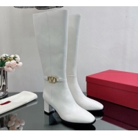 Popular Style Valentino VLogo Calfskin Low-Heel High Boots White VL08141 814103