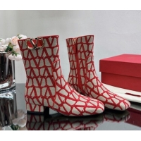 Sumptuous Valentino VLogo Type Heel Ankle Boots 3cm in Toile Iconographe Fabric Red 814118