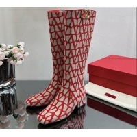 Stylish Valentino VLogo Type Heel High Boots 3cm in Toile Iconographe Fabric Red 814120