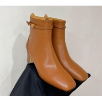 Best Grade Valentino VLogo Tan-Go Calfskin Ankle Boots 6cm with Mini-Logo Strap Brown 821084