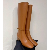 Perfect Valentino VLogo Tan-Go Calfskin High Boots 6cm with Mini-Logo Strap Brown 821087