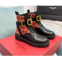 Low Cost Valentino VLogo Signature Combat Ankle Boots in Calfskin and Toile Iconographe Fabric VLTN08284 Black/Red