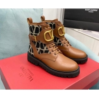 Unique Style Valentino VLogo Signature Combat Ankle Boots in Calfskin and Toile Iconographe Fabric Brown VLTN08285