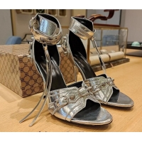 Good Looking Balenciaga Cagole High Heel Sandals 10.5cm in Crinkle Shiny Leather Silver 524002