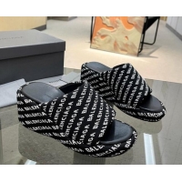 Shop Duplicate Balenciaga Wedge Slide Sandals 7cm in Print Allover Canvas Black/White 524012