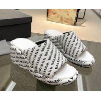 Luxurious Balenciaga Wedge Slide Sandals 7cm in Print Allover Canvas White/Black 0524013