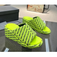 Best Grade Balenciaga Wedge Slide Sandals 7cm in Print Allover Canvas Neon Green 524017