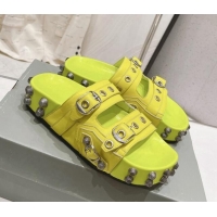 Good Quality Balenciaga Cagole Flat Slide Sandals in Crinkle Shiny Leather Neon Green 524022