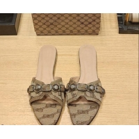 Discount Balenciaga Cagole Flat Slide Sandals in Logo Fabric Beige 619021