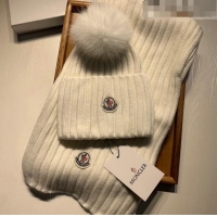 Top Quality Moncler Wool Knit Hat and Scarf Set M092379 White 2022