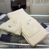 Promotional Prada Cashmere Knit Hat and Scarf Set 092383 White 2022