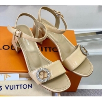 Top Grade Louis Vuitton Patent Leather Heel Sandals 5.5cm with Crystal LV Circle Beige 607124