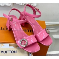 Grade Quality Louis Vuitton Patent Leather Heel Sandals 5.5cm with Crystal LV Circle Pink 607126