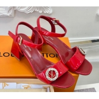 Durable Louis Vuitton Patent Leather Heel Sandals 5.5cm with Crystal LV Circle Red 607127