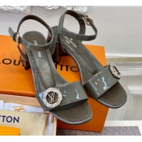 Good Product Louis Vuitton Patent Leather Heel Sandals 5.5cm with Crystal LV Circle Grey 607128