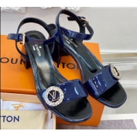 Best Price Louis Vuitton Patent Leather Heel Sandals 5.5cm with Crystal LV Circle Navy Blue 607129