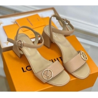 Charming Louis Vuitton Grained Leather Heel Sandals 5.5cm with LV Circle Beige 607131