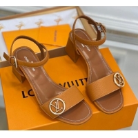 Shop Duplicate Louis Vuitton Grained Leather Heel Sandals 5.5cm with LV Circle Brown 607137