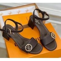 Classic Hot Louis Vuitton Grained Leather Heel Sandals 5.5cm with LV Circle Chocolate 607138