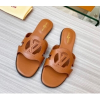 Good Quality Louis Vuitton LV Isola Leather Flat Slide Sandals 608005 Tan Brown